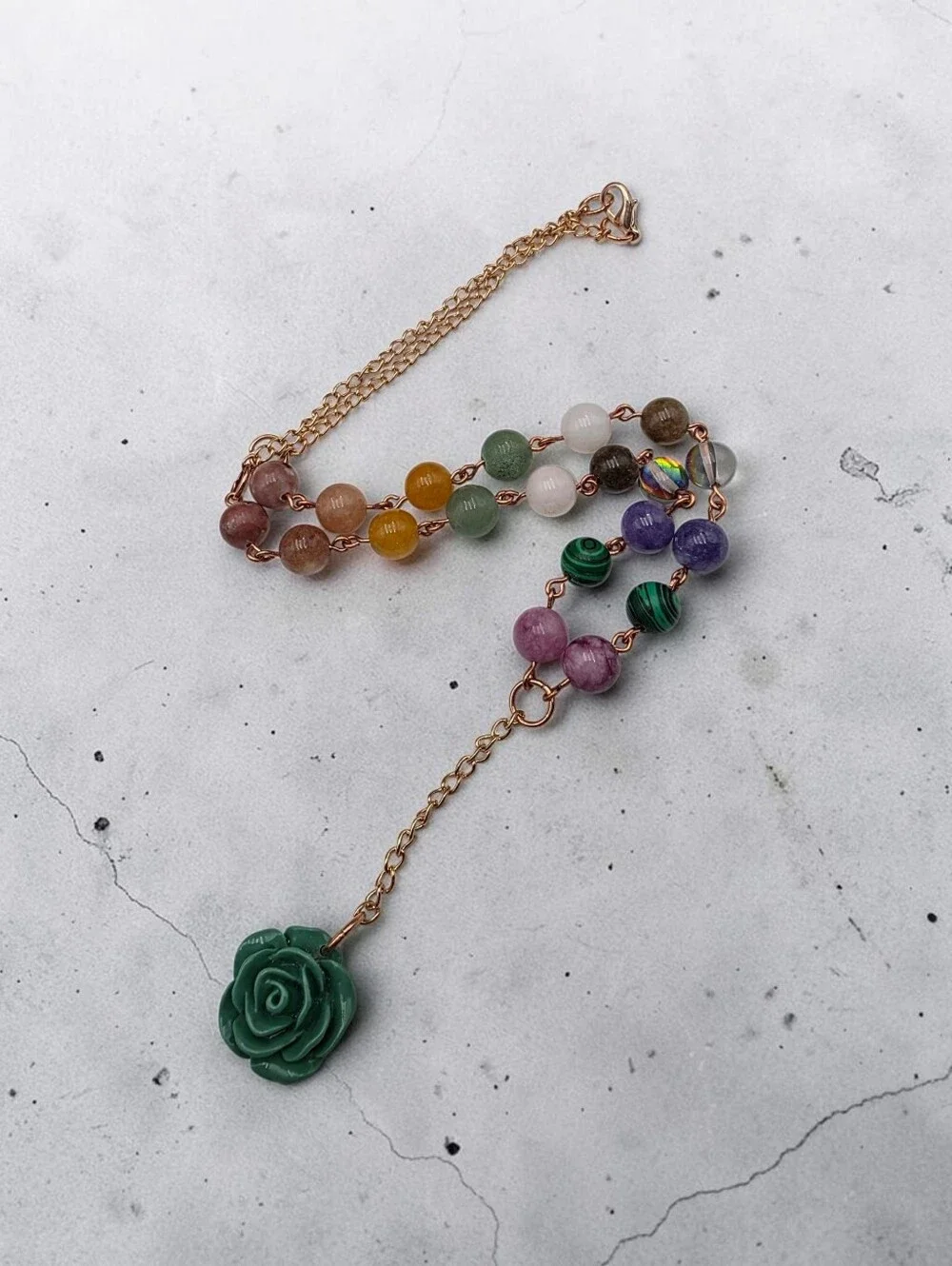 Rainbow Gemstone Beaded Rose Pendant Necklace Handmade Colorful Crystal Jewelry
